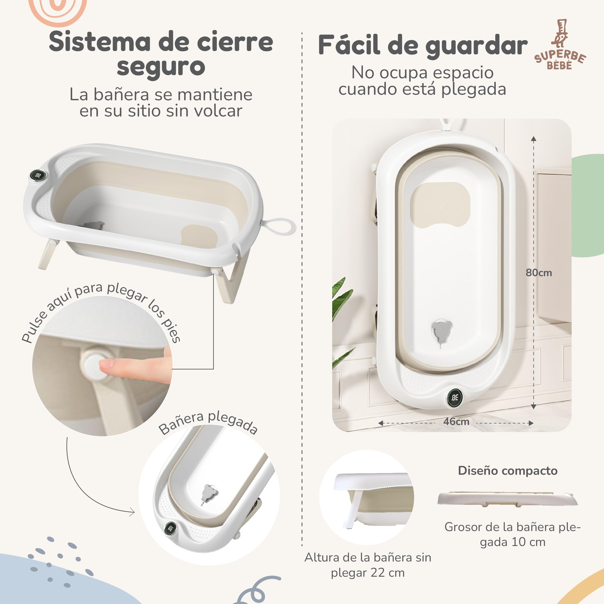 Bañera Plegable Bebé Con Cojín De Baño Antideslizante - bañera Bebe Plegable Con Termómetro - Asiento Bañera Bebe - Desde El Nacimiento Hasta Los 3 Años - Regalos De Nacimiento (APRICOSA)