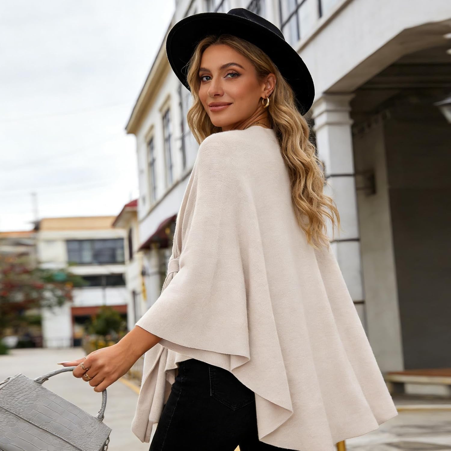 Fleece Drape Shawl, Elegant Solid Color Cape, Soft Warm Open Front Poncho Cardigan Sweater Shawl Wraps for Women Fall Winter - Image 3