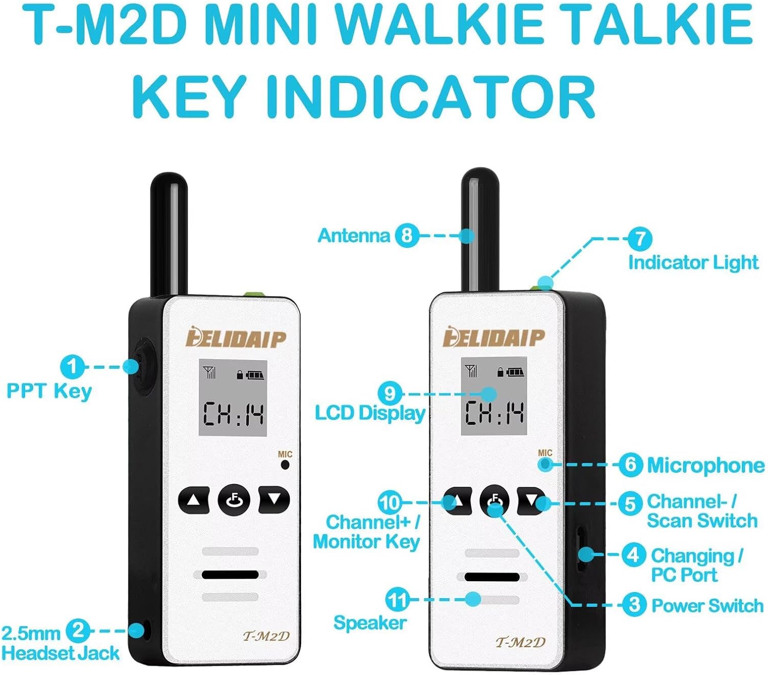 T-M2D Mini Walkie Talkies with LCD Display,Portable FM Transceiver,Rechargeable 1100mAh,128 Channels Small Two Way Radios for Hotel,Retail,Hospital,Hiking,Outdoor Sport,Tourism,White 2 Pack