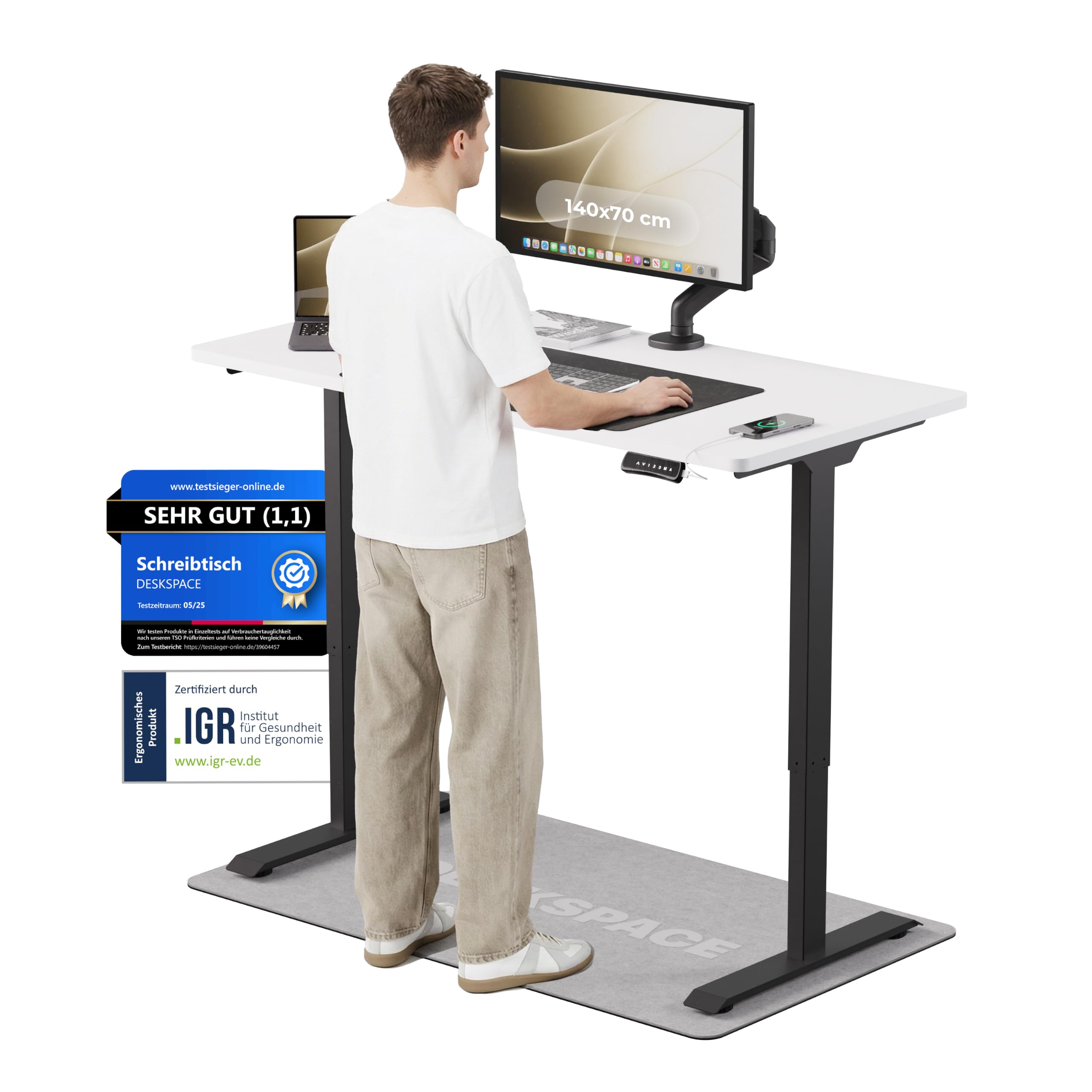 DESKSPACE PRO Elektrisch höhenverstellbarer Schreibtisch - inklusive Tischplatte | Ergonomischer Stehpult mit Memory Funktion & Kollisionsschutz