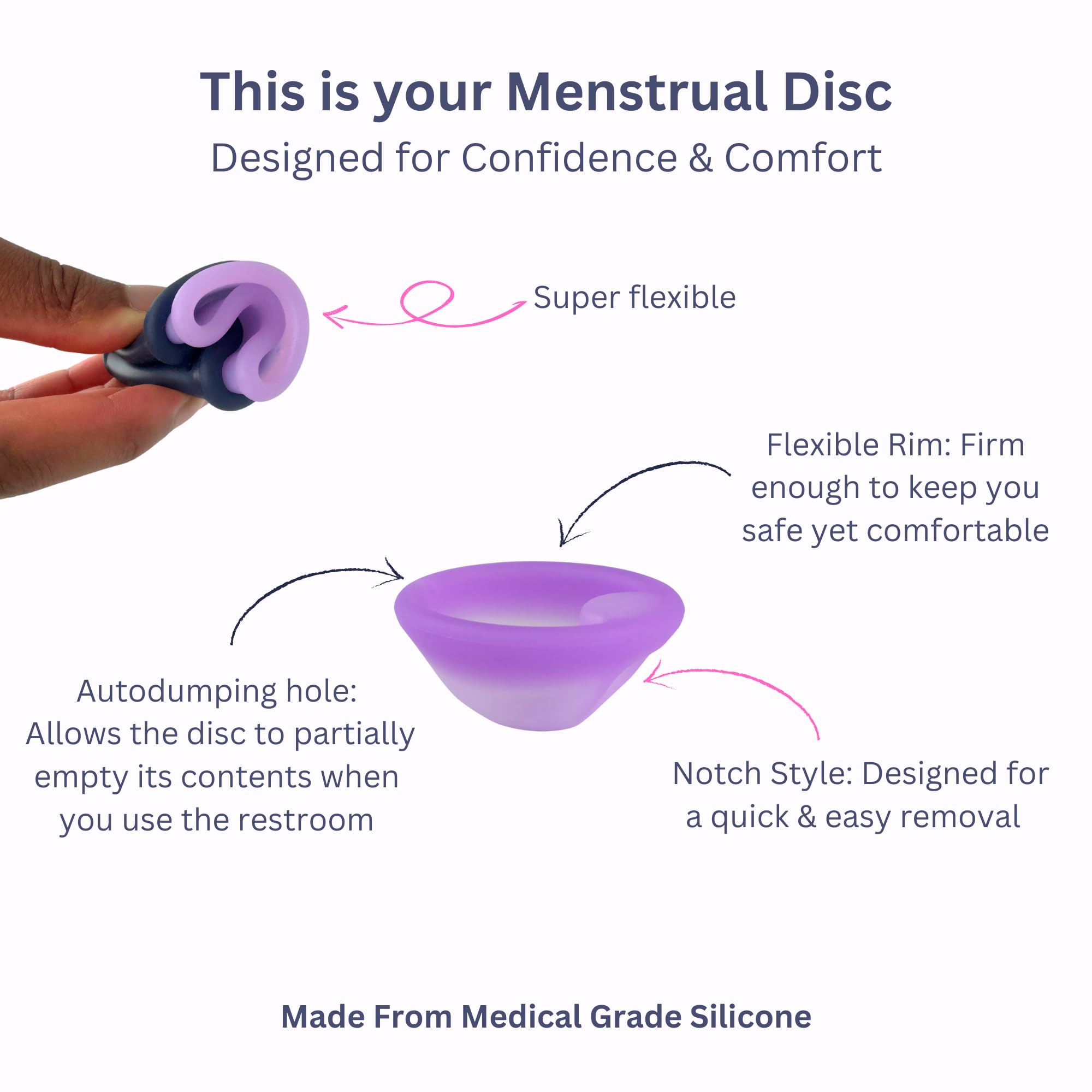 Disco menstrual, silicona suave, flexible y reutilizable de grado médico, uso durante 12 horas, muesca de extracción, dos tamaños, copa menstrual o alternativa al tampón