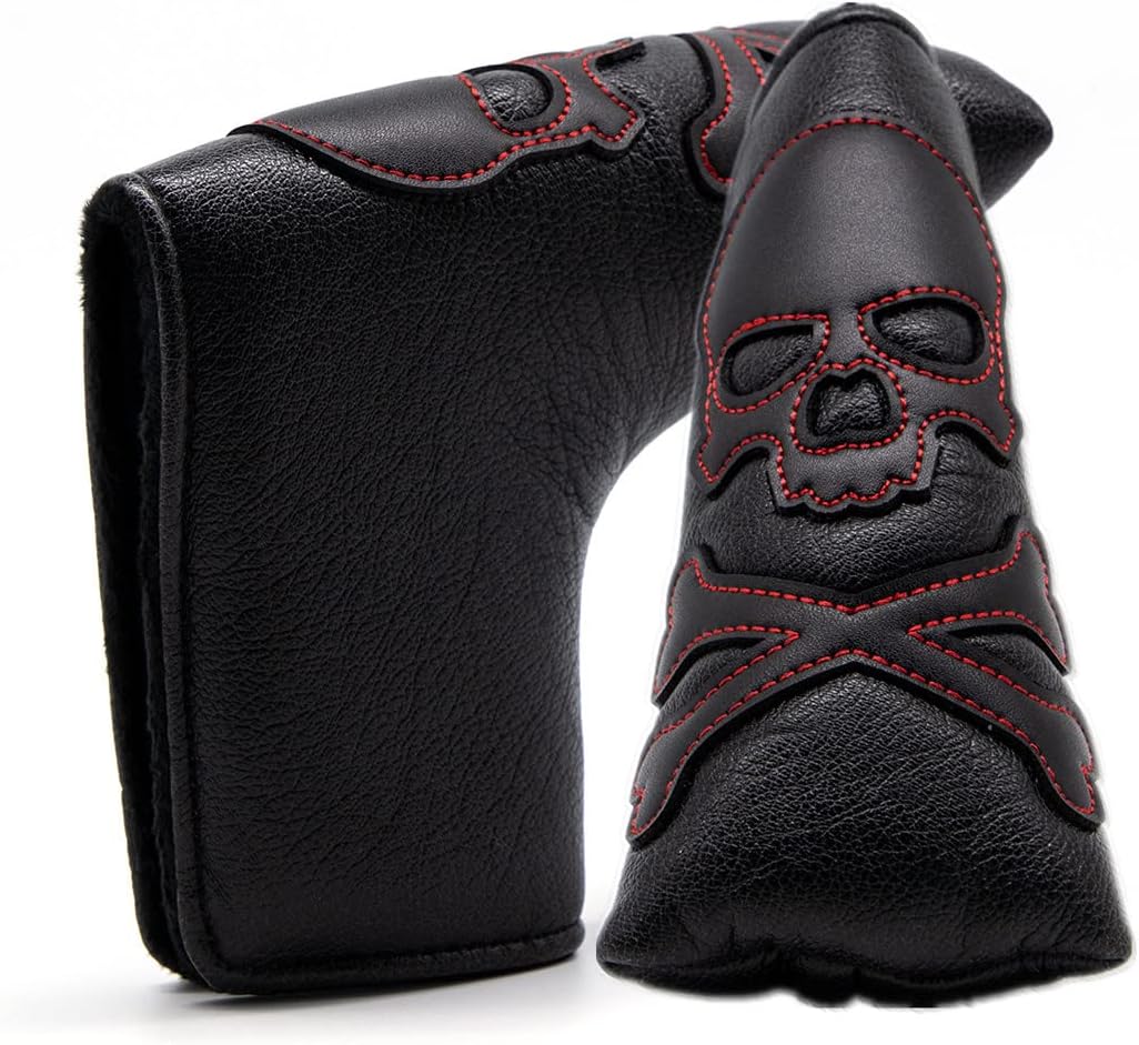 Golf Putter Cover Blade Putter Headcover Magnetic Black Red Stitching Skull Golf Club Headcover fits for Scotty Cameron Select Newport Series Putters Protect Golf Clubs Protector for Men