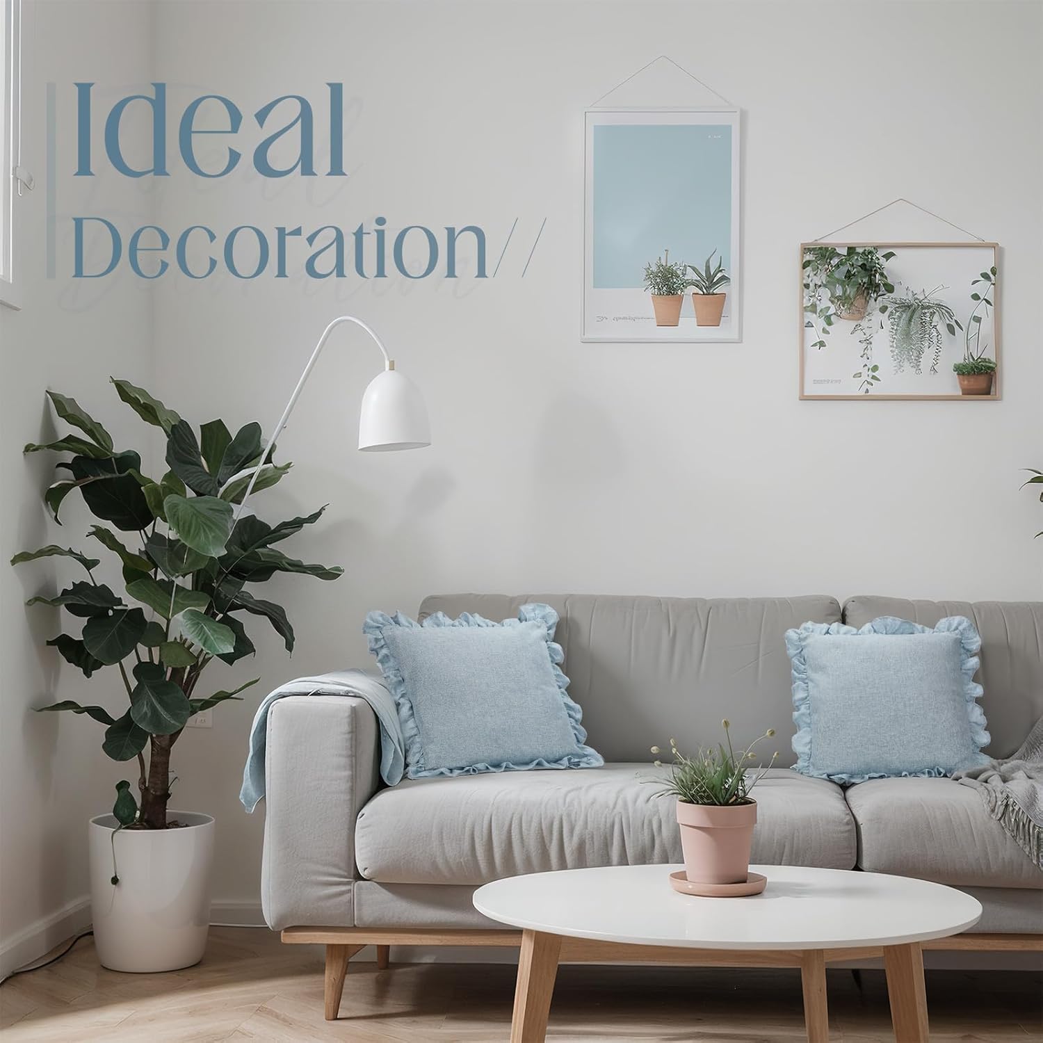 Set of 2 Light Blue Ruffle Throw Pillows with Inserts Decorative Linen Zippered Pillows 18 x 18 Inch Include Detachable Pillowcase and Non Woven Fabric Inserts for Cushion Bed Couch Sofa