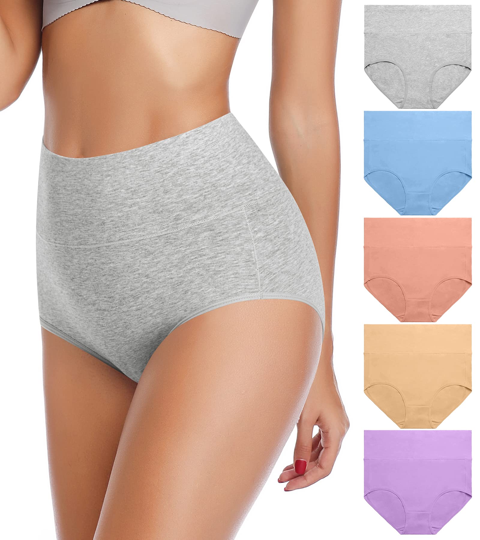 ANNYISONWomen's 5 Pack High Waist Solid Color Tummy Control Cotton Underpants Briefs (M)