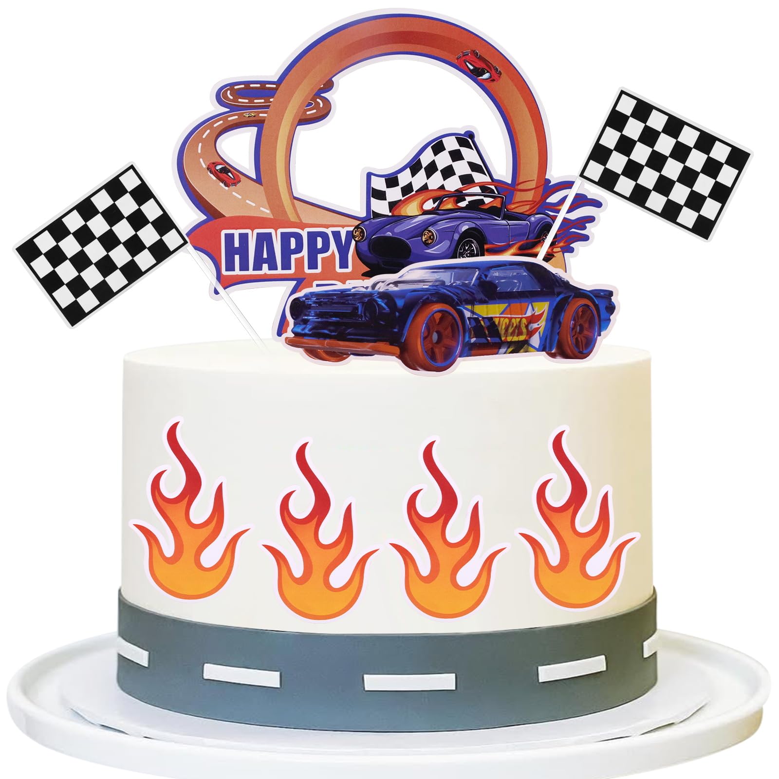 Fire Car Cake Topper Race Car Birthday Cake Decorations Racing Car Cake Toppers Checkered Flag Hot Wheel Themed Cake Cupcake Topper for Boys Girls
