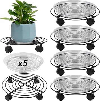 5-Pack Metal Plant Caddy 11.8" Dolly with Wheels - Heavy-duty Wrought Iron Rolling Plant Stand with Casters for Indoor and Outdoor Use - Black, Plastic Saucers Included