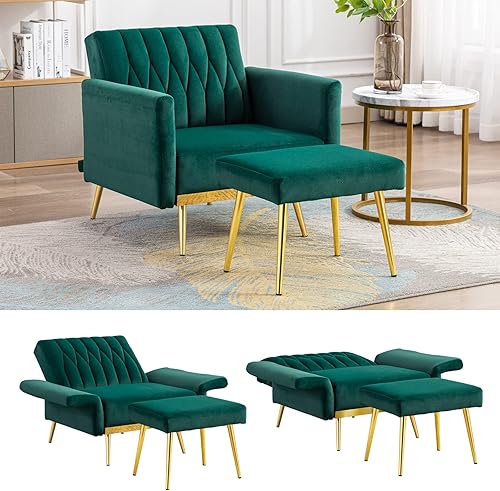 Silla decorativa de terciopelo con otomana, sillón tapizado moderno, cómodo sofá individual con patas de metal dorado y brazos ajustables para sala