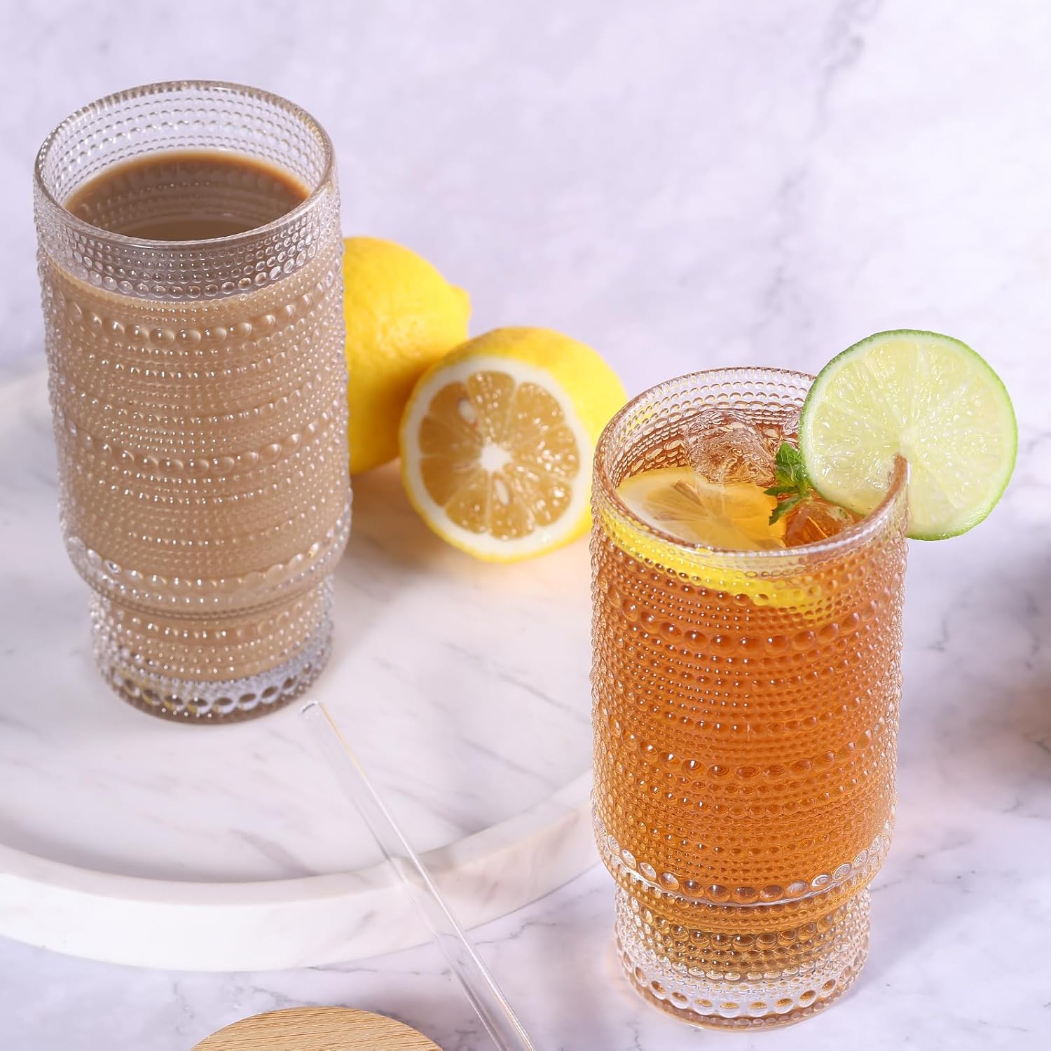 16 oz Glass Cups with Lids and Straws, Clear Iced Coffee Cups with Lids, Hobnail Drinking Tumbler Set for Matcha Latte Juice (4 Pack) - Image 6