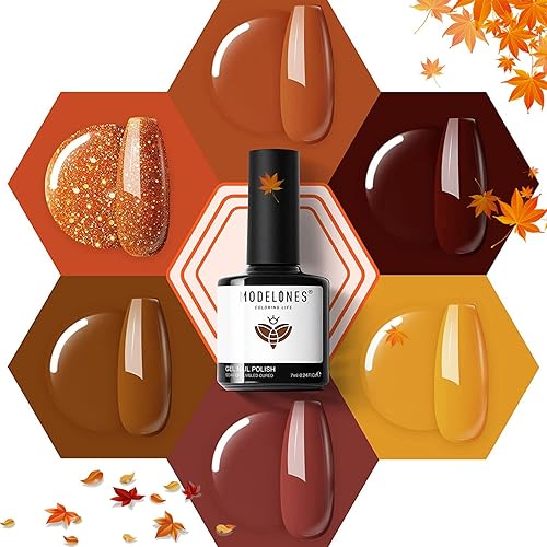 modelones Juego de esmaltes de uñas de gel, 6 colores caramelo, kit de otoño retro dorado con purpurina marrón oscuro, esmalte de uñas de gel para