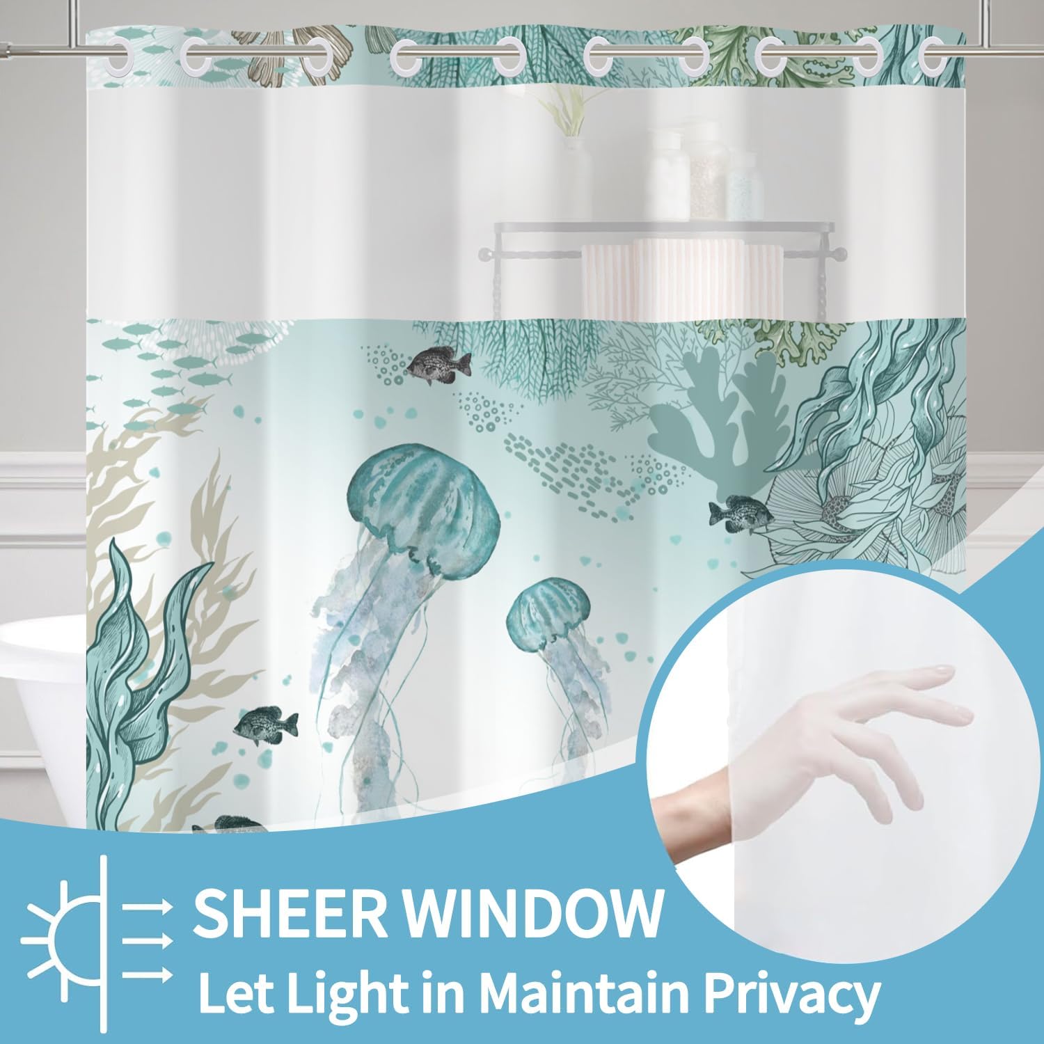 No Hook Shower Curtain Nautical Coastal Jellyfish Shower Curtain with Snap-in Liner Double-Layered Coral Under The Sea Themed Bathroom Curtains Blue Polyester Cloth 71x74in