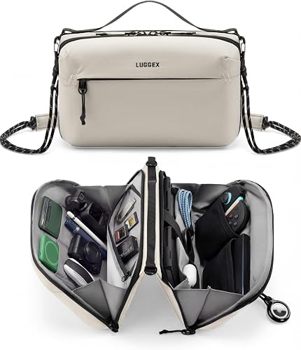LUGGEX Large Travel Tech Pouch, Cable Organizer Bag with Removable Crossbody Strap, Dual Accessories Bag & Water Resistant for Kindle, Chargers, Cord, Earphone for Travel Office, Beige