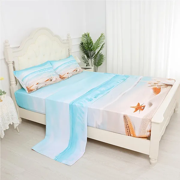 Beach Bed Sheets Set Twin Fitted Sheets Coastal Nature Theme Pattern Teal Flat Sheet Boys Girls Hawaiian Top Sheet Starfish Sheet Set 1 Pillowcase, Blue Room Decor Lcl01-05 Twin