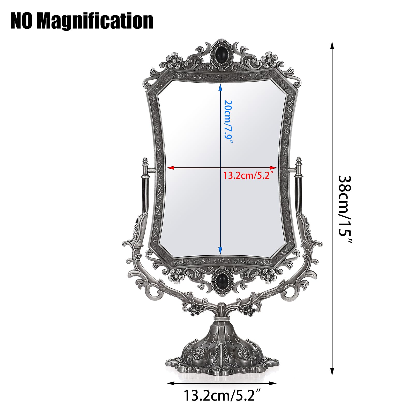 JUXYES Espejo de maquillaje decorativo antiguo de metal con soporte, espejo cosmético de doble cara giratorio de 360° con marco, espejo mágico de escritorio retro para tocador, plateado
