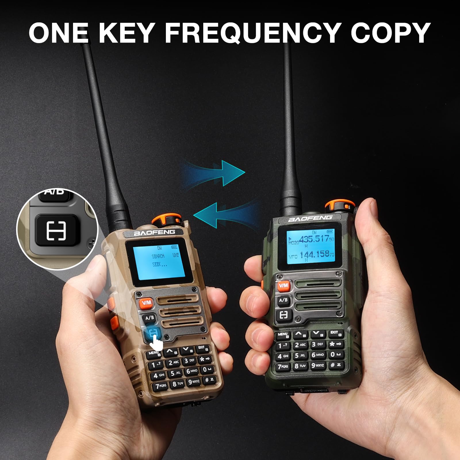 BAOFENG Walkie talkie K63 6W, przenośne radio amatorskie UHF/VHF/1,25 m, AM/FM, bateria 2600 mAh, 999 kanałów, bezprzewodowe kopiowanie częstotliwości, odwrócona częstotliwość repeatera, kamuflaż