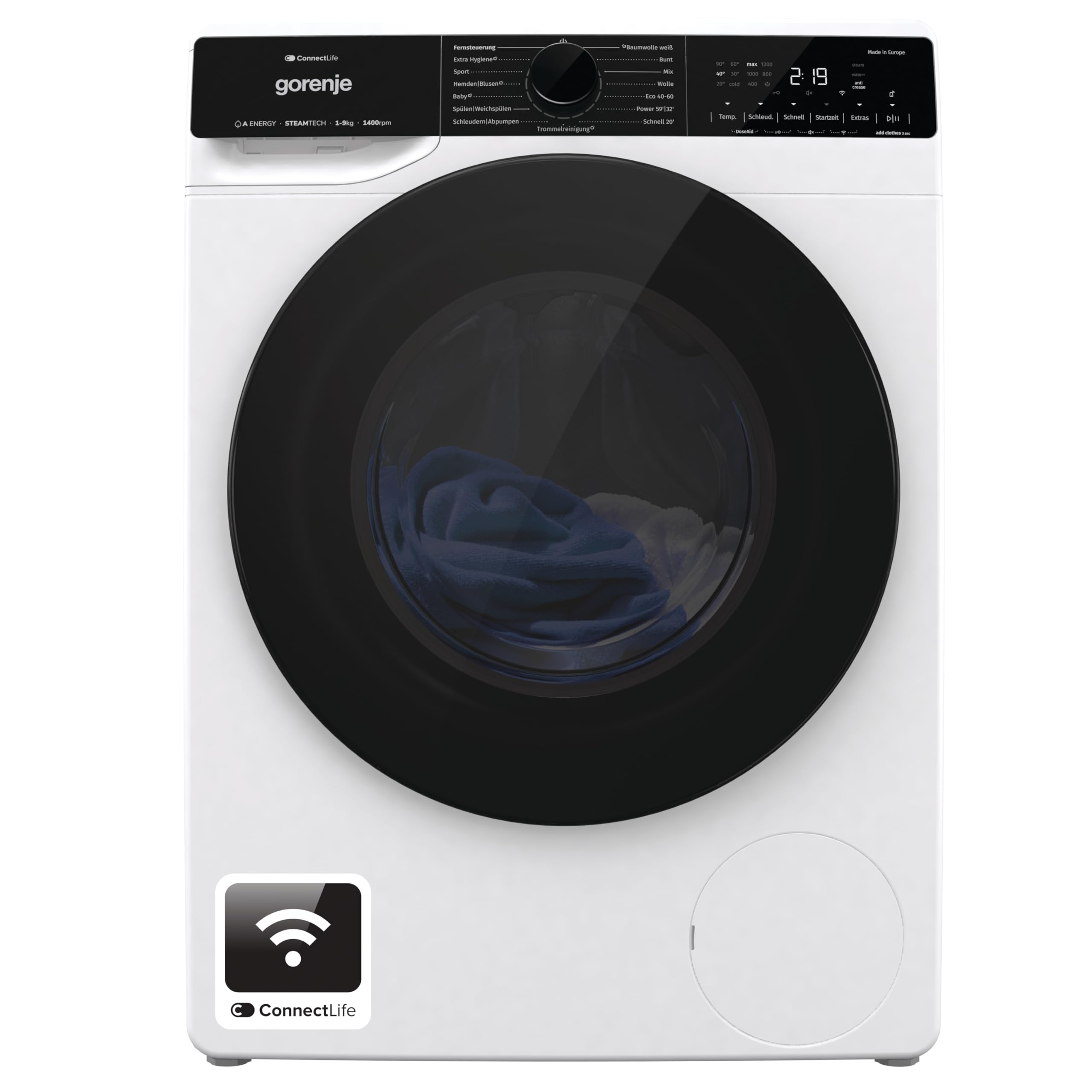 Gorenje WPNA 94 ATSWIFI3 Waschmaschine, 9kg, WiFi, EEK A, Made in Europe, Inverter PowerDrive Motor, 1400 U/min, 15 Programme, AquaStop, SteamTech, Schnellprogramm, weiß