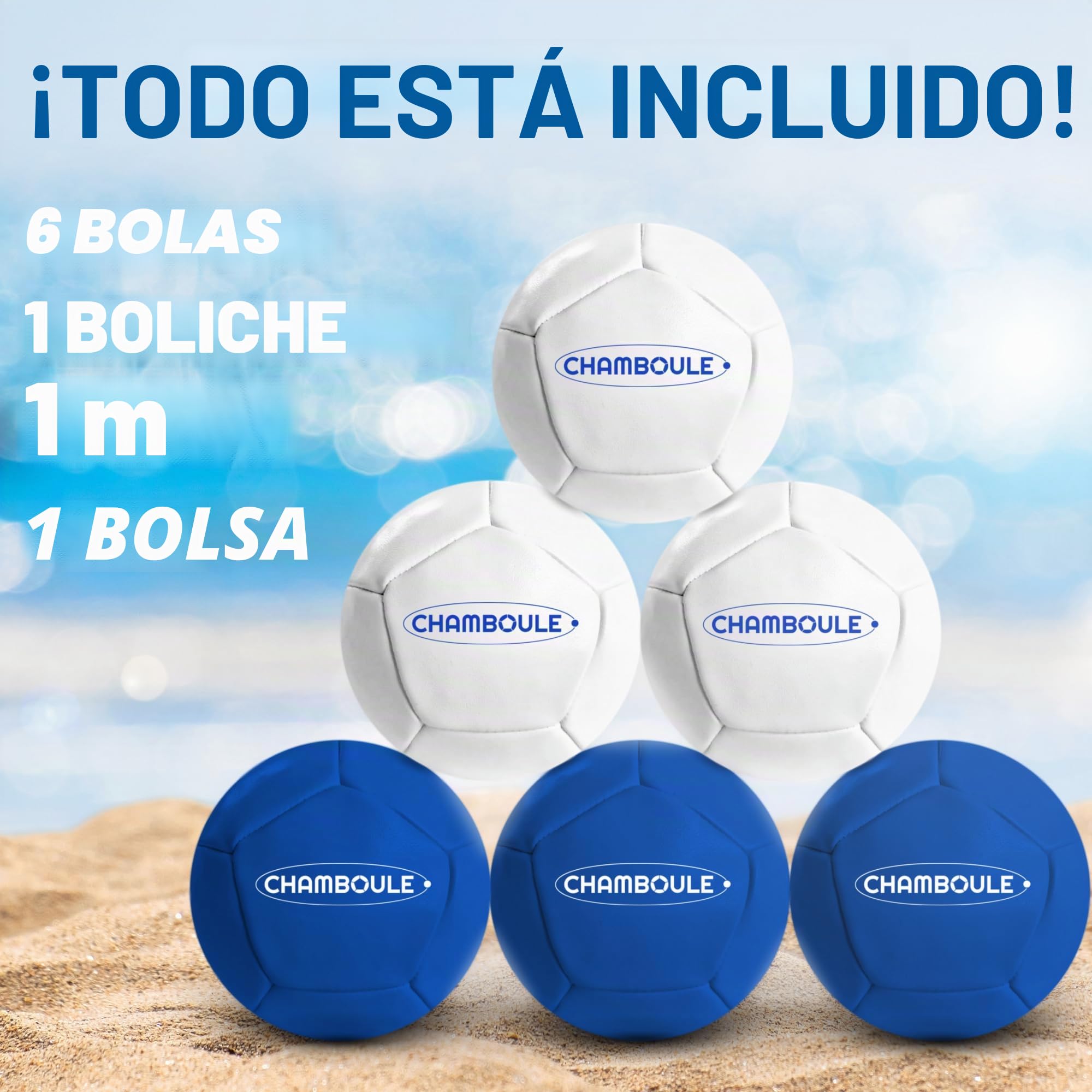 MASSA | CHAMBOULE – Juego de petanca interior y exterior – Bolas azules y blancas – Kit con cerdo, metro y bolsa de transporte – Petanque todo terreno