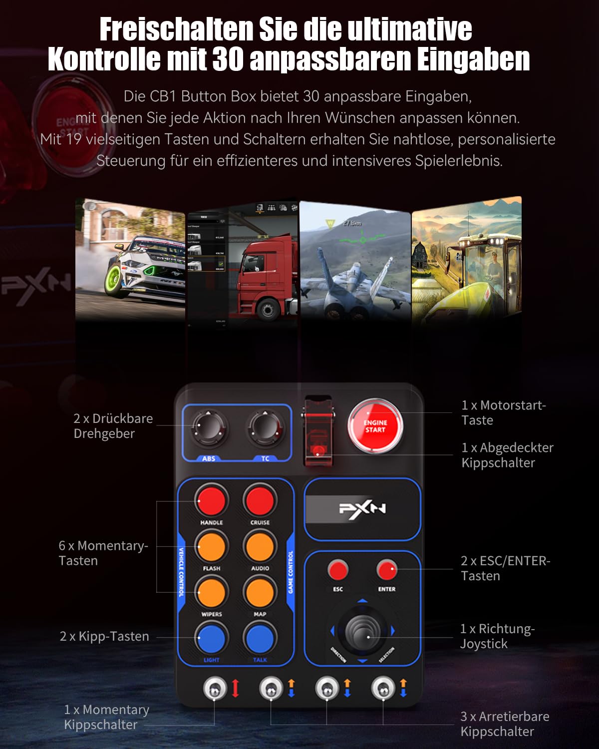 PXN CB1 Button Box – PC Seitenkonsole, 19 Tasten & Schalter, RGB-Beleuchtung, Seiten-Steuerbox für Sim-Racing-, Lkw-, LS- und Flug-Spiele, Zubehör für Lenkrad und Joystick, nur für PC | 19 Sim-Tasten & Schalter, RGB-Beleuchtung, einstellbare Klemme, für R