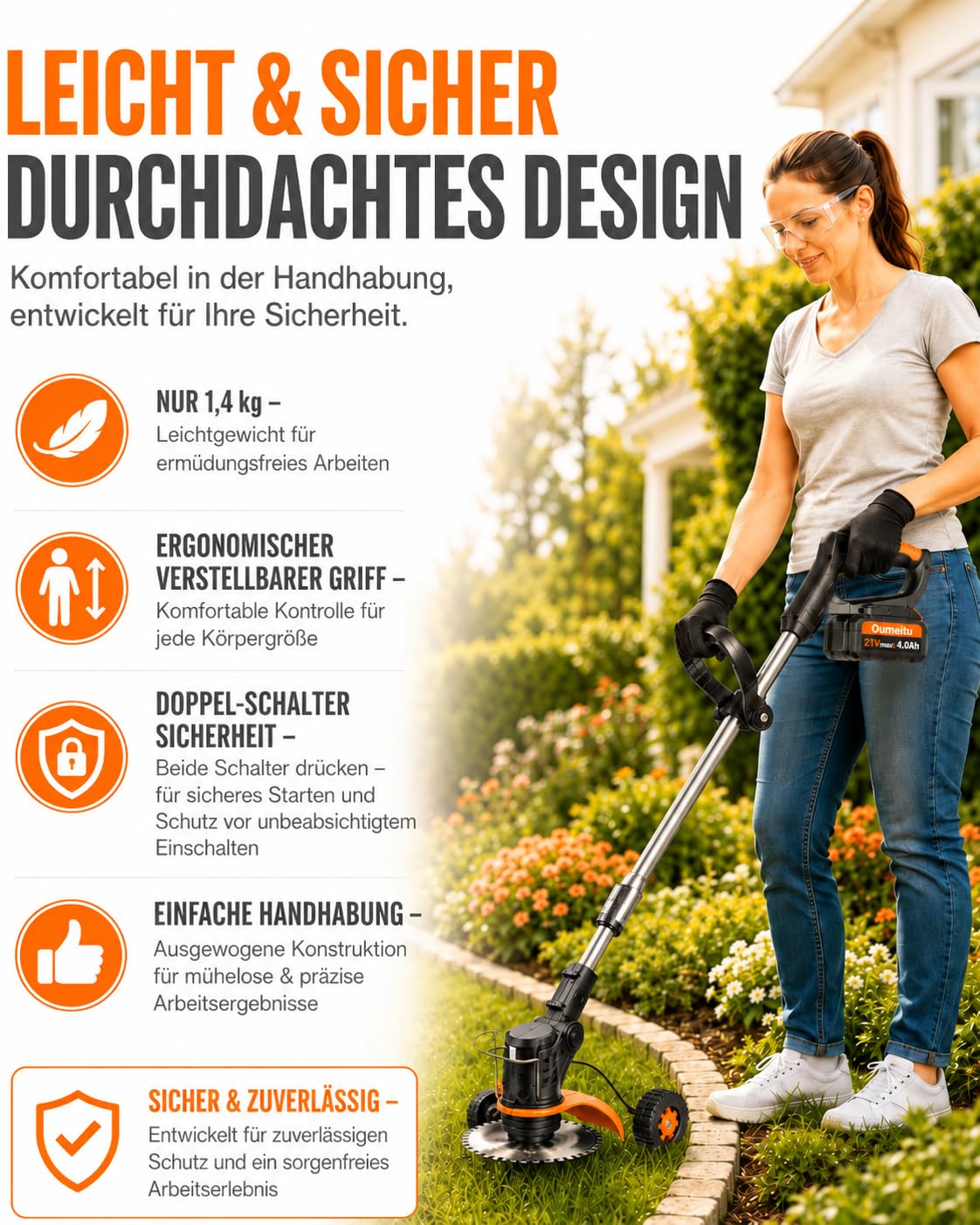 21V Akku Rasentrimmer, 2 x4,0Ah Akku und Ladegerät, 2 in 1 Elektrischer Freischneider/Rasentrimmer mit Akku, Leichter Rasenkantenschneider mit, 5 Messerarten für Rasen, Garten