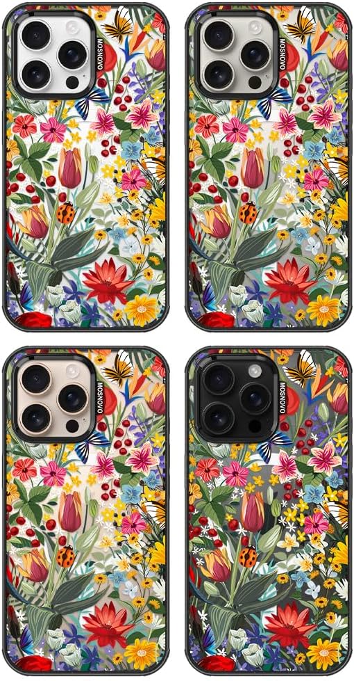 MOSNOVO Magnetic Case for iPhone 16 Pro Max, 10ft Military-Grade Protection, Compatible with Magsafe, Shockproof Phone Case for iPhone 16 Pro Max - in The Garden - Clear Black