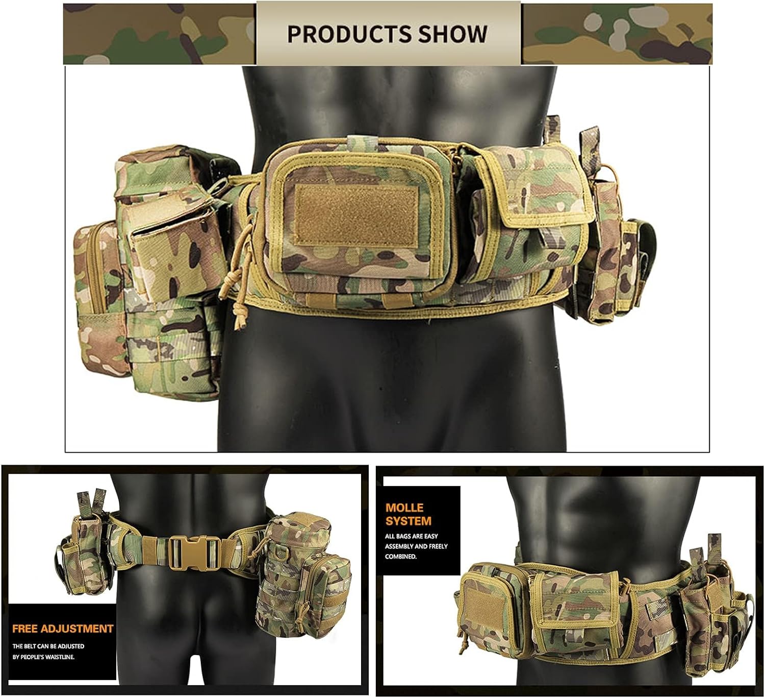 BOMTURN Tactical Battle Belt Military Molle War Duty Belt Law Enforcement for Police Army 7 in 1 Set