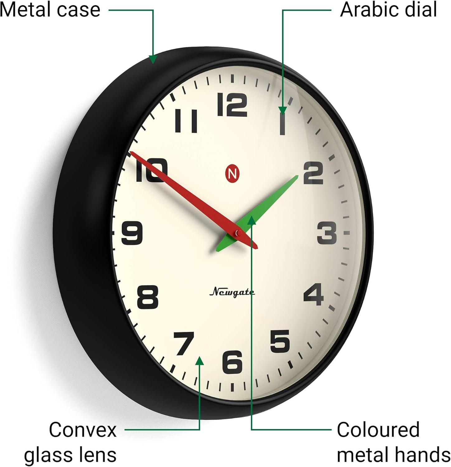 NEWGATE® Superstore wall Clock | Large Retro Metal Clock | 40cm | Black | Convex Glass Lens | Designer piece for Kitchen, Living Room or Office