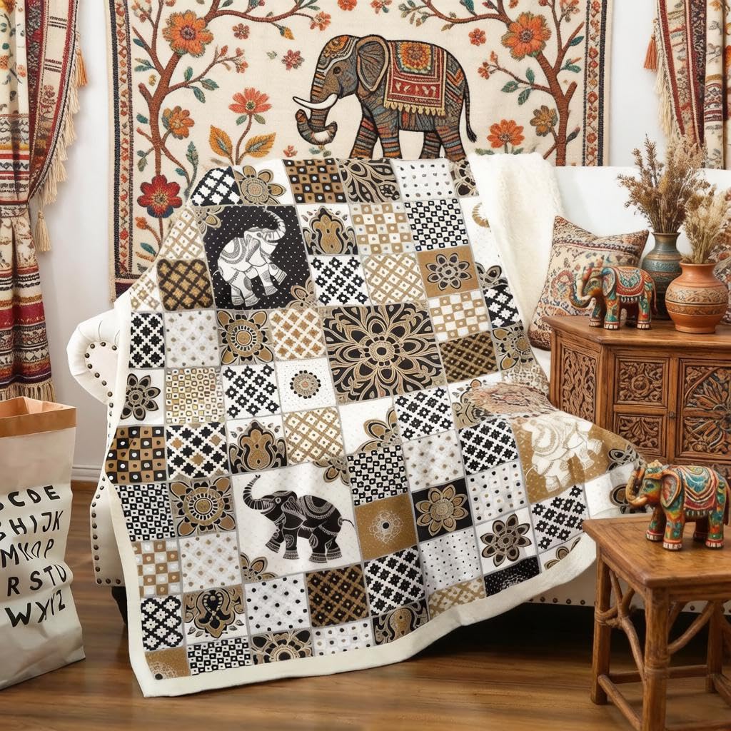 Loussiesd Multicolored 30 Bohemian Sherpa Fleece Throw Blanket - Boho Mandala Print, 3D Elephant Geometric Grid, Plush, Vintage Indian Tribal For Adults, Double 60X79 Inch