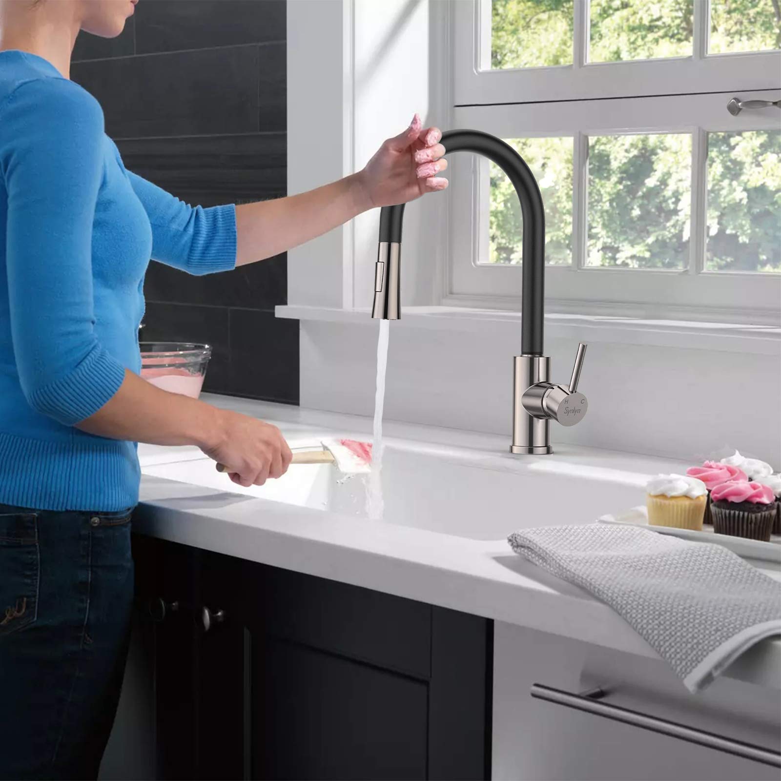 synlyn dokunmatik sensorlu mutfak armaturu uzatilabilir musluk mutfak armaturu baslikli lavabo armaturu 2 puskurtme turu karistirma bataryasi paslanmaz celik 360 donme fonksiyonlu siyah amazon com tr yapi market