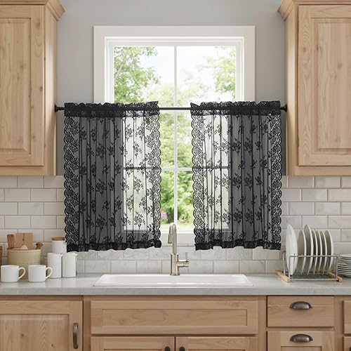 Miniatura 56 de Kotile Cortinas traslúcidas beige de 96 pulgadas de largo para sala de estar, 2 paneles de cortinas rústicas de encaje florales retro crema para