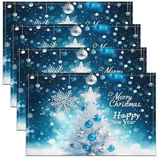 Holiday Decor White Xmas Tree Placemats Set of 4 Happy Christmas Decorations Place Mat 12" X 18",Teal Bells Xmas Decor Table Mats Happy New Year Themed Table Decoration for Party Kitchen Dining