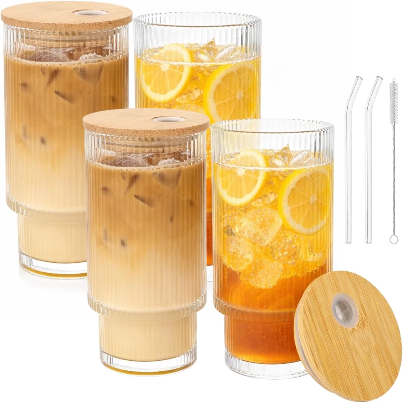 Glass Cups with Lids and Straws - 16 oz Iced Coffee Cups, Vintage Ribbed Drinking Glasses with Bamboo Lids, Glass To-Go Cup, Party, Tumbler for Juice, Beer, Coffee, Milk, Cocktail, Water (4 Pack)