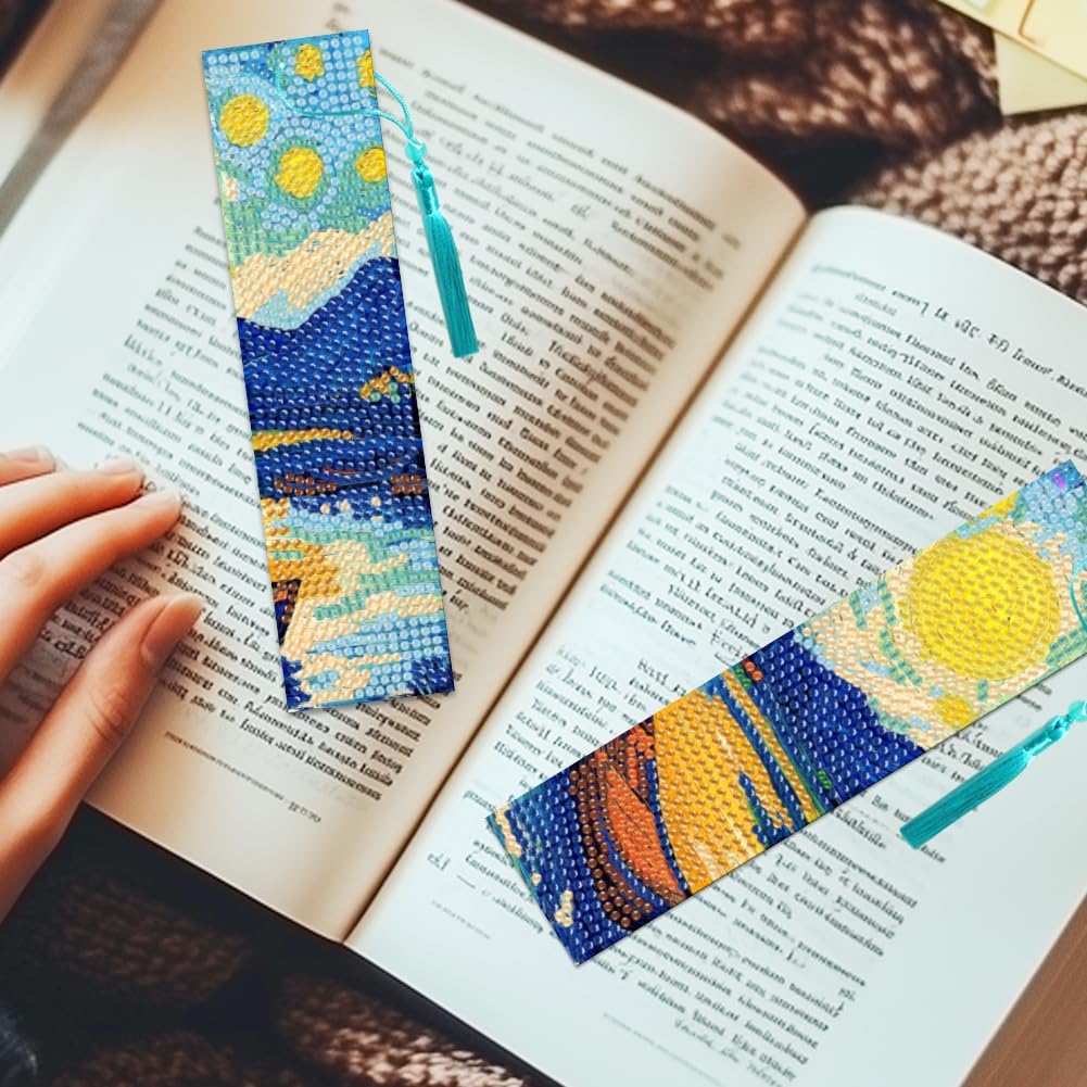 6Pcs Van Gogh Starry Night 5D Diamond Art Bookmark Classic Diamond DIY Painting Bookmarks with Tassel Rhinestones Beaded Crystal Bookmark Kits for Beginner Crafts Adult Home Office