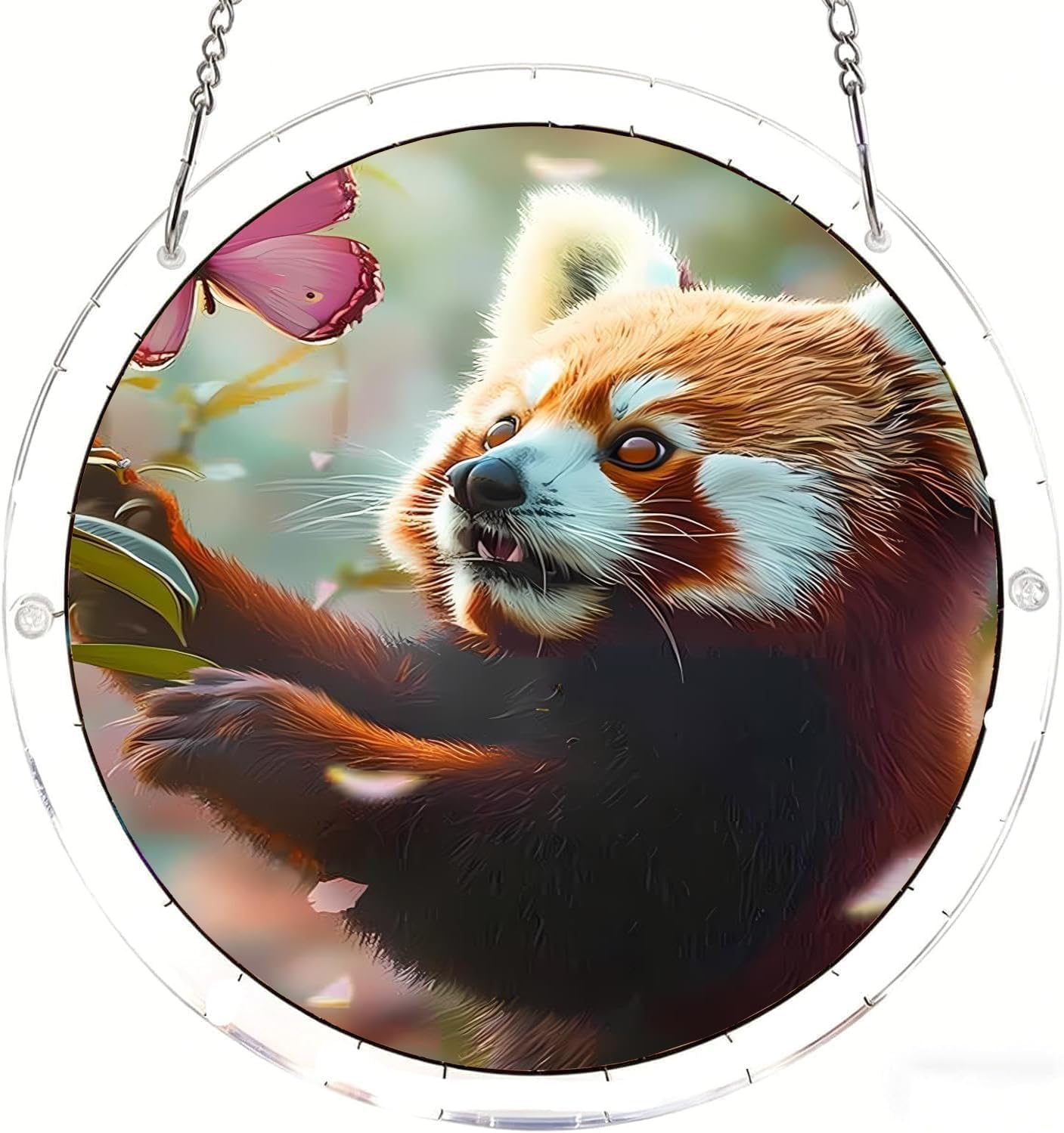Red Panda Playing with Butterflies Red Panda Acrylic Jigsaw Puzzles Suncatcher, 8.2 Inch Window Hanging Suncatcher Acrylic Puzzle, DIY Home Decor Art Gift