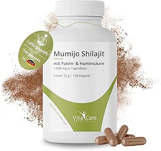 VitaCare Mumijo Shilajit Kapseln, 120 vegane & hochdosierte Kapseln mit 100% reinem Himalaya Shilajit-Extrakt, 1000mg pro Tagesdosis mit 62% Fulvin- & Huminsäure, 120 Kapseln