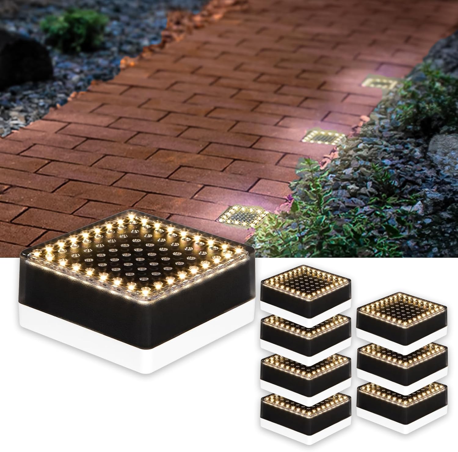 SHONELIGHTING 4x4 Solar Ground Lights, Super Bright 32 LEDs Paver Lights, Outdoor Waterproof Recessed Lighting Bricks for Driveway, Pathway, Walkway, Garden Deck, Landscape 3500k (Warm White,8 Pack)