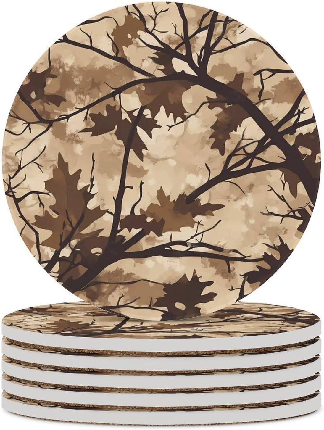 Camouflage Winter Tree Round Ceramic Coasters for Drinks Absorbent Cup Holder Tabletop Protector with Cork Base