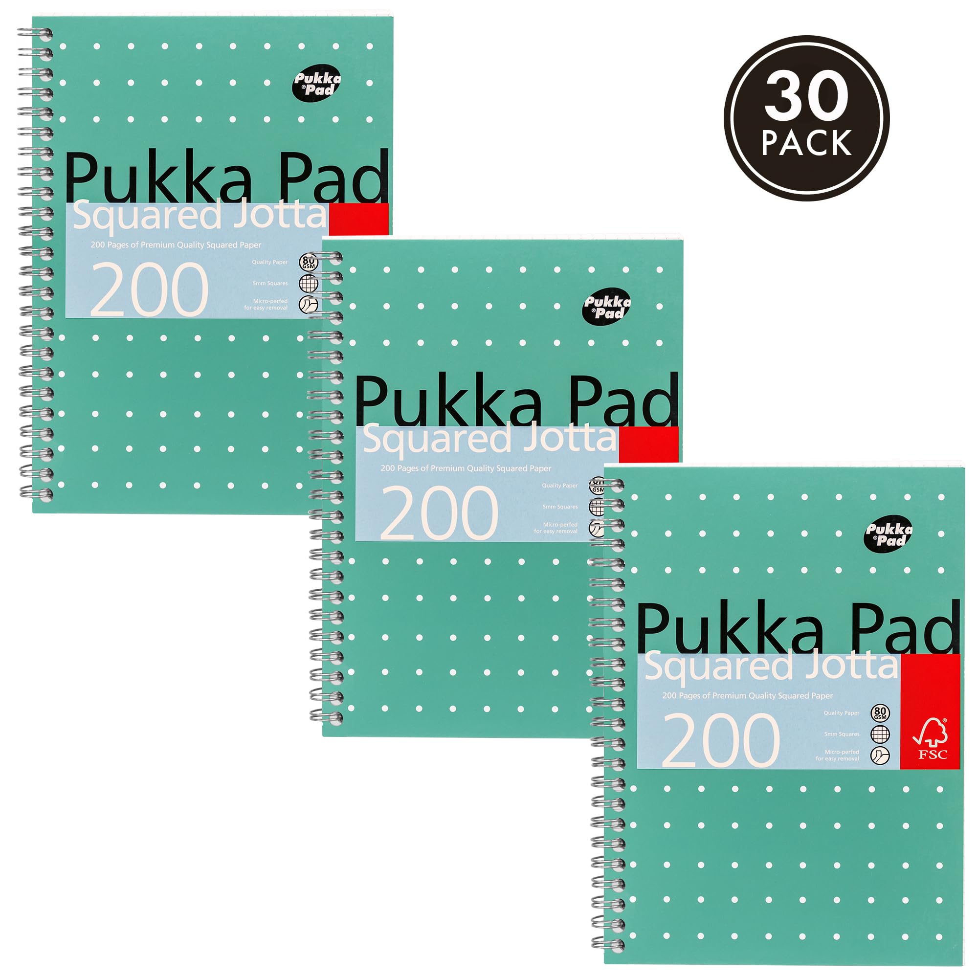 Pukka Pad, Cuaderno cuadriculado A5 Jotta Book paquete de 30 unidades – 21 x 14,9 cm - Cuaderno con espiral con cuadrados de 5 mm en papel blanco de 80 g/m² con bordes perforados para fácil extracción
