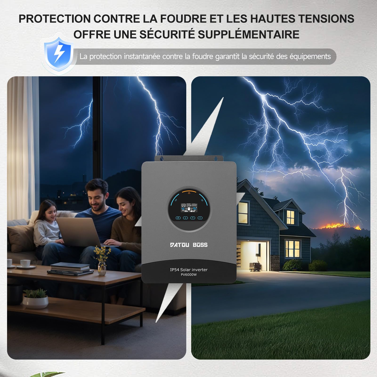 DATOUBOSS Onduleur Solaire Hybride 6000W 48V Pure Sinus, Champ PV jusqu'à 8000W, Régulateur MPPT intégré 120A, Protection Contre la Foudre et l'eau, Compatible avec Batteries Lithium 48V (48V 6000W)