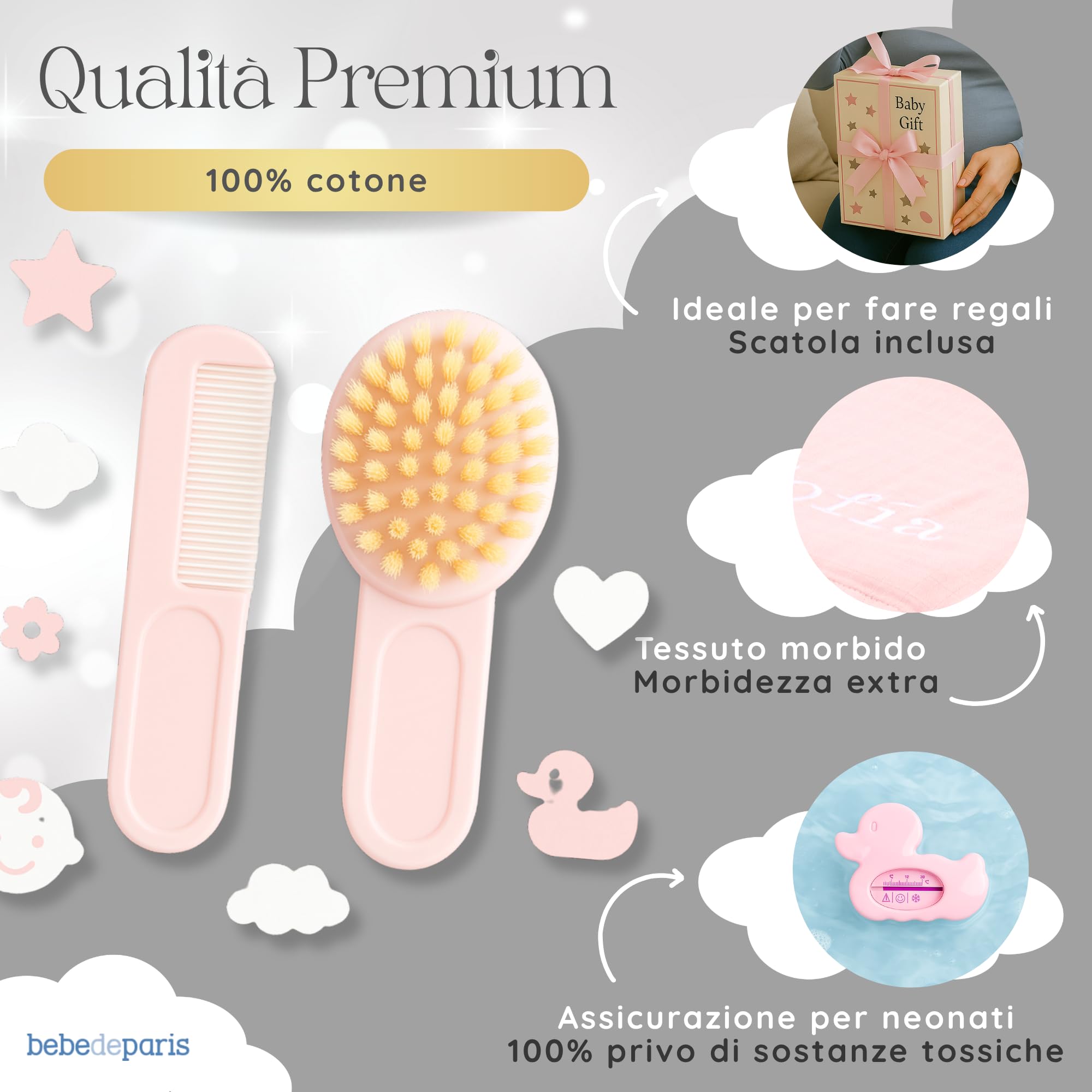 Regalo Neonato Maschio Femmina con Mussola Ricamata | Termometro e Spazzola | Cestino Funzionale per la Cura del Bebè | Cesta Personalizzata (Rosa) | BebeDeParis