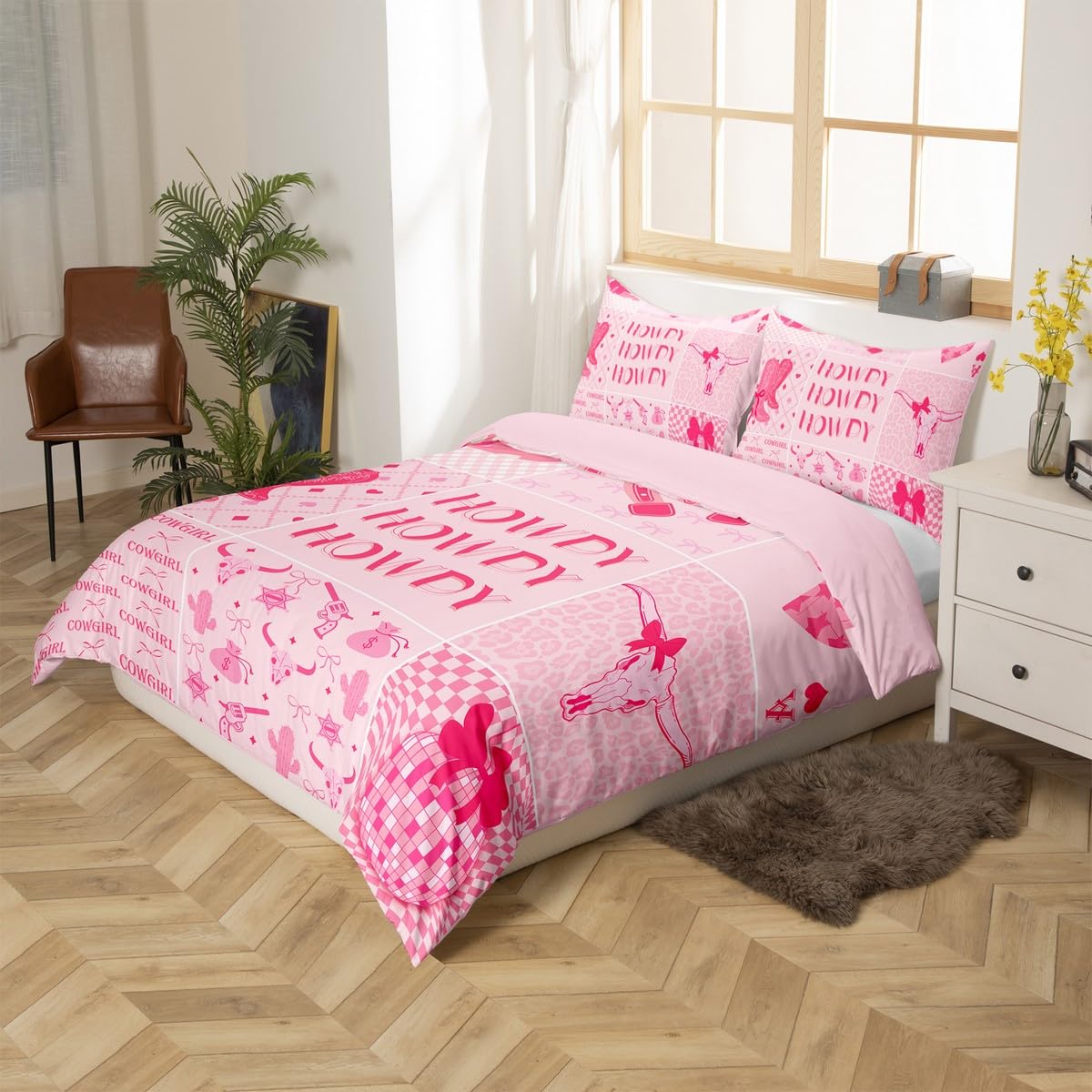 Homewish Western Cowgirl poszewka na kołdrę różowy zachodni zestaw pościeli Howdy, Southwestern poszewka na łóżko w kształcie podkowy Super King, nadruk krowy zestaw łóżek dyskotekowych