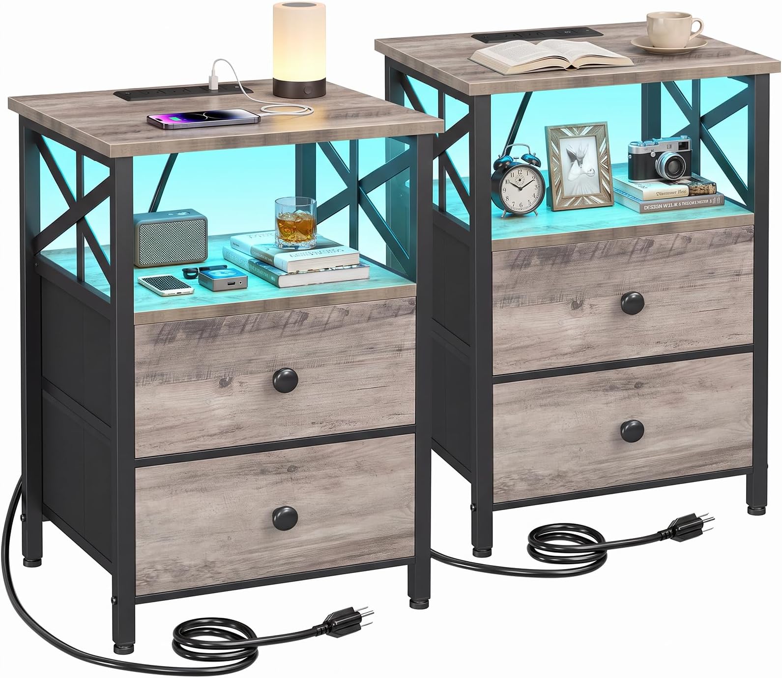 AMHANCIBLE Nightstands Set of 2 with Charging Station and LED Lights