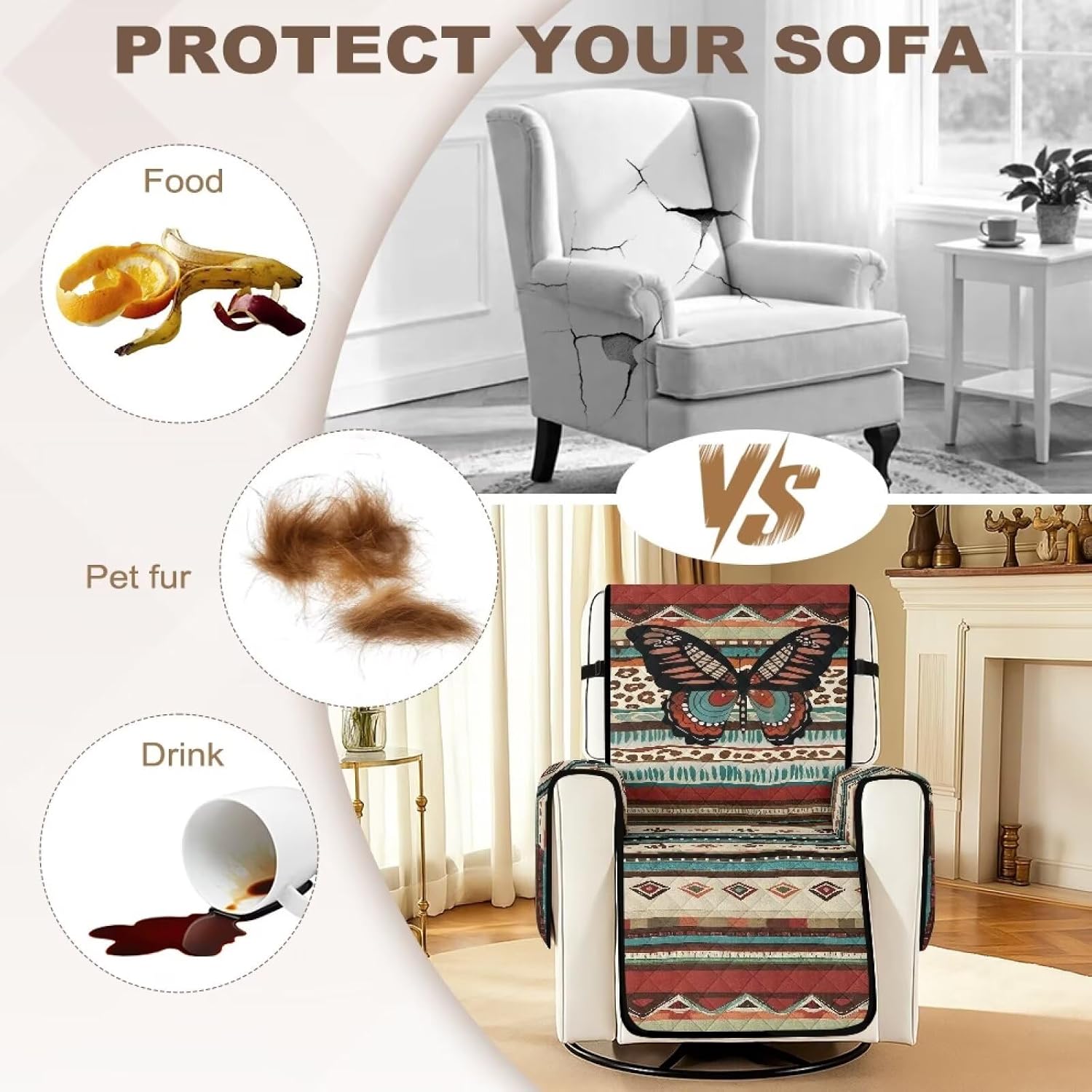 ZDCUSTOM Recliner Covers Anti-Slip Recliner Covers with Elastic Straps Butterfly Chair Cover Furniture Protector with Pockets， Prevent Wear and Pet Hair for Kids, Pets