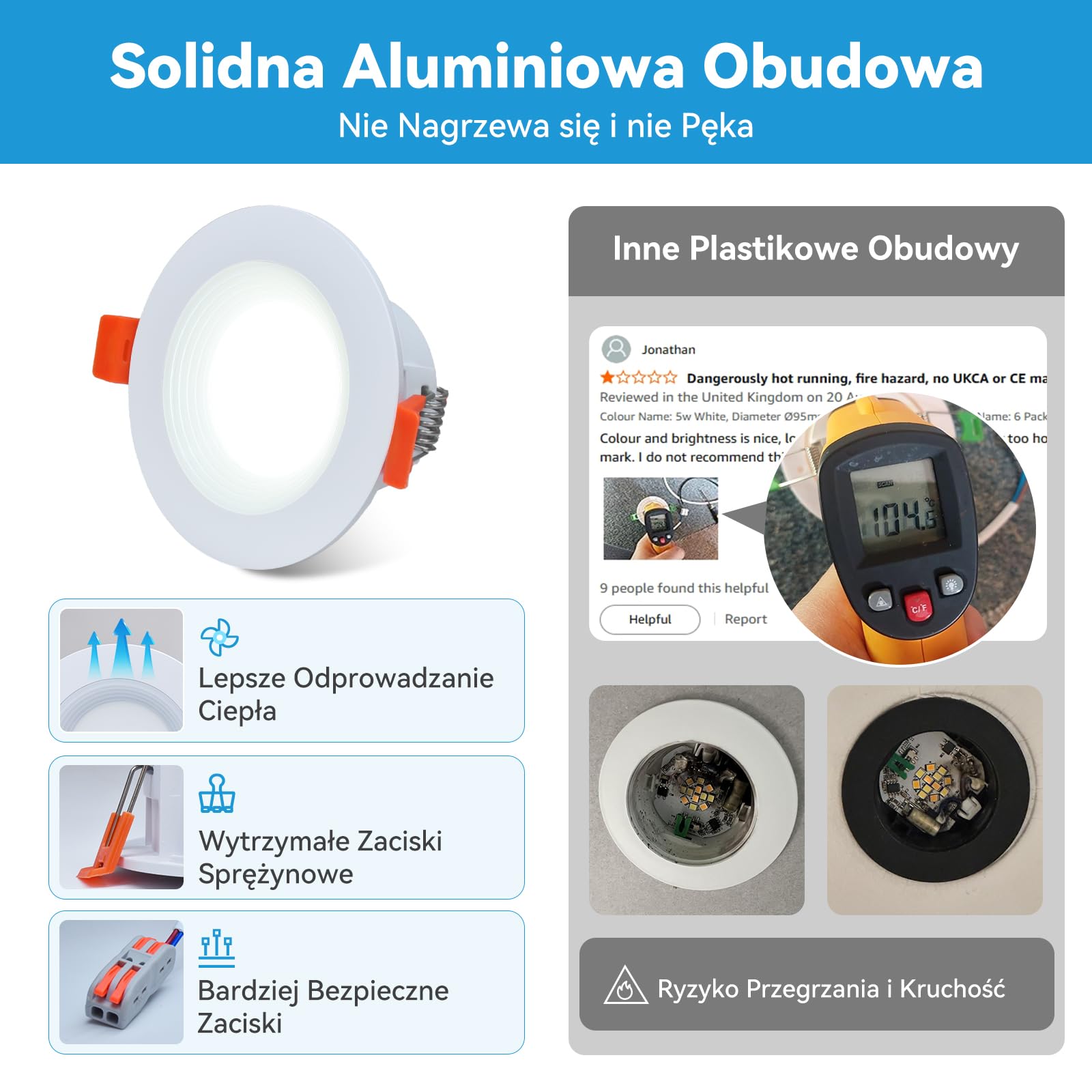 KEELED Wbudowany reflektor LED z lampką nocną, 6W, 3 temperatury barwowe do wyboru 3000K/4000K/6000K, 230V, wycięcie 70-85mm, zestaw 8 szt
