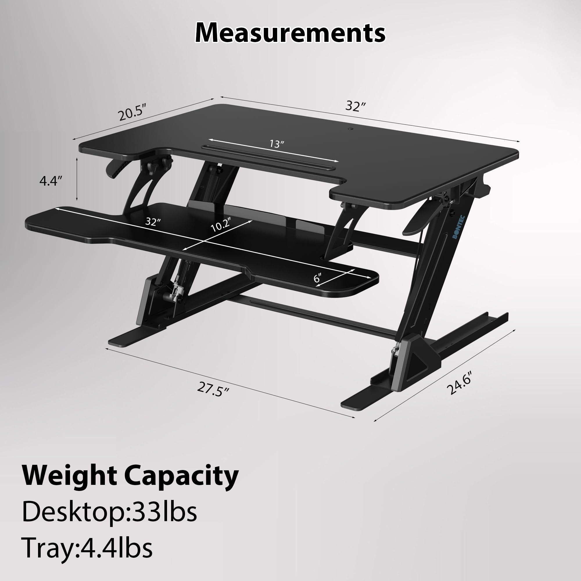 BONTEC Escritorio Elevable de Pie, Convertidor de Escritorio Ajustable con Resorte de Gas Doble, Plataforma para Doble Monitor 81,3cm x 52,2cm, Capacidad 15kg, Diseño Ergonómico, Fácil Montaje