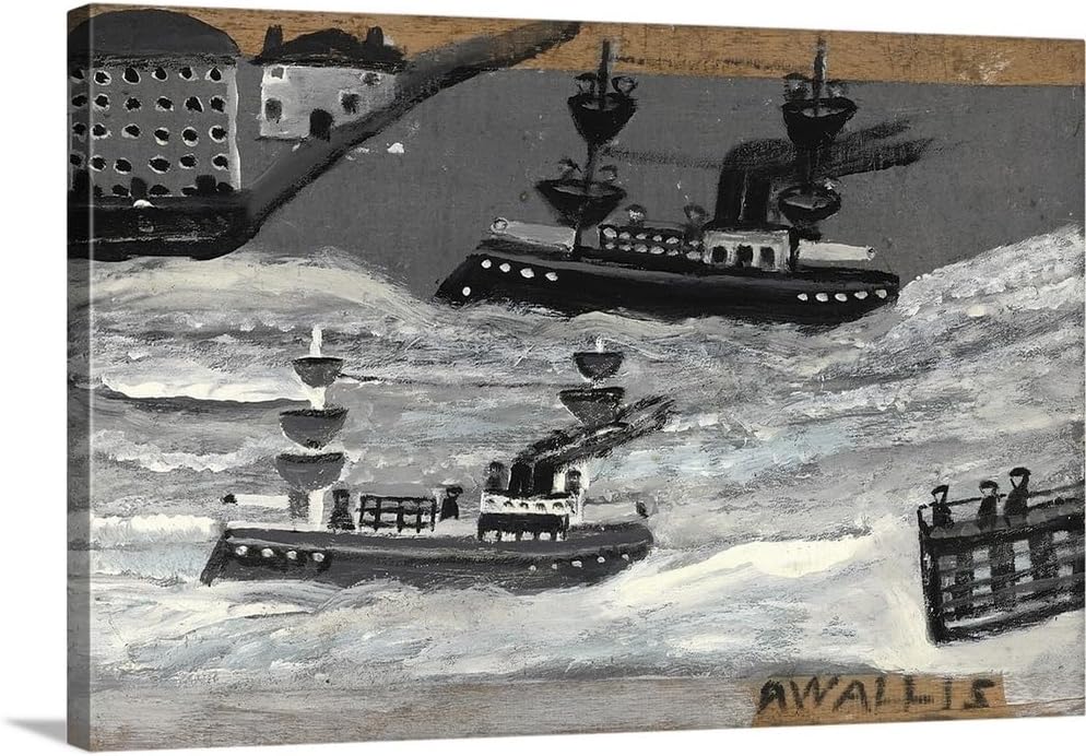 CANVAS ON DEMAND Gunboats in Wartime Canvas Wall Art Print by Alfred Wallis, Coastal, Classic, Home Decor, Nautical Artwork,18" x12in
