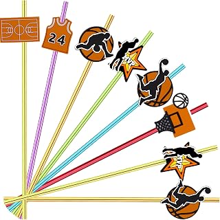 24pcs Basketball Themed Straight Reusable Straws for Basketball Party Favors Gift,Daily Drinking,Birthday Party,Class Reunions,Sports Basketball Party Supplies,With 2 Clean Brushes 6color