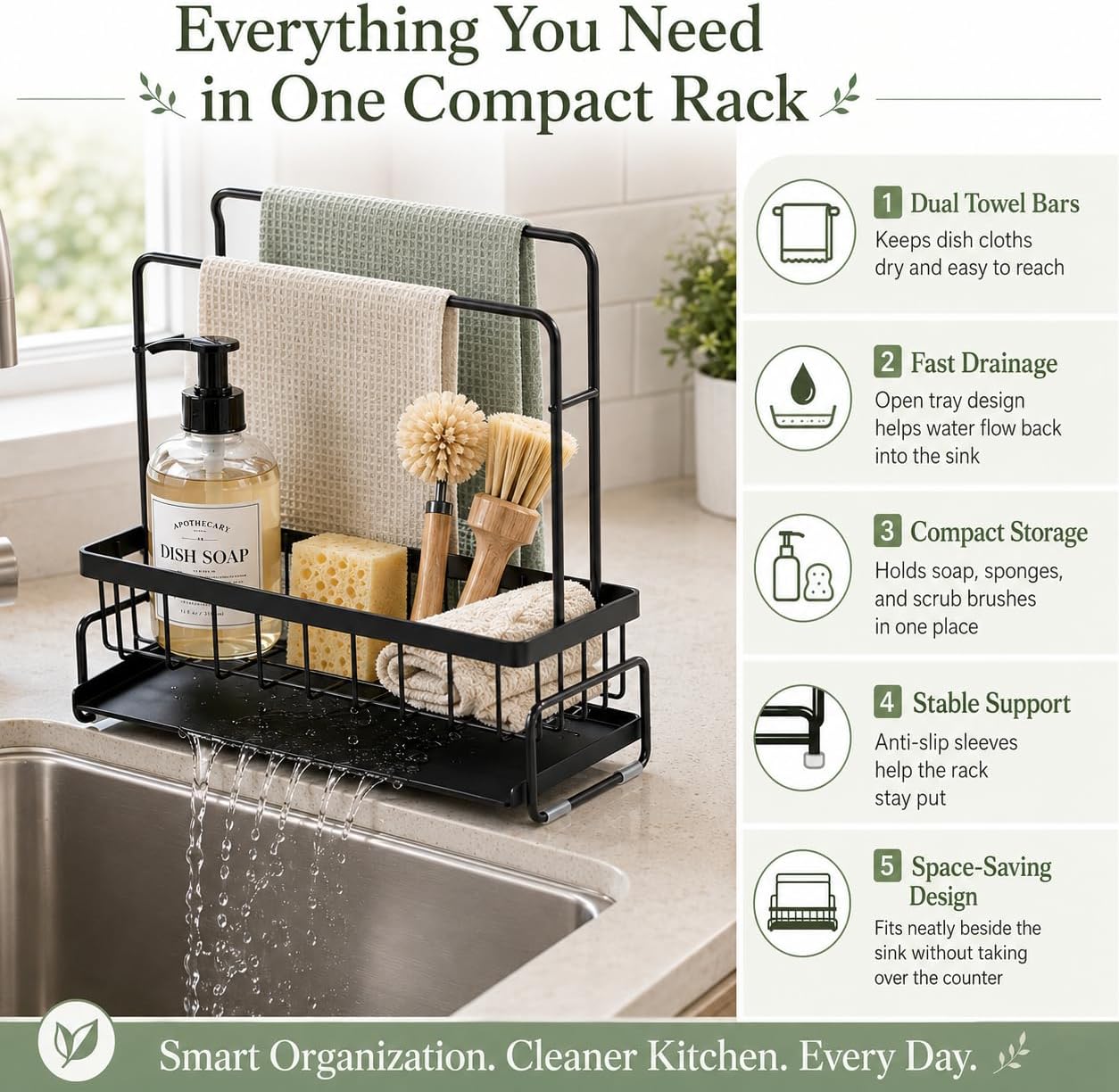 Sponge Holder for Kitchen Sink, Sink Caddy with Towel Bar & Wall Mount Hooks, Kitchen Organizer Storage Rack for Dish Sponge, Soap, Brush, Rustproof Stainless Steel, No Drilling Adhesive Design