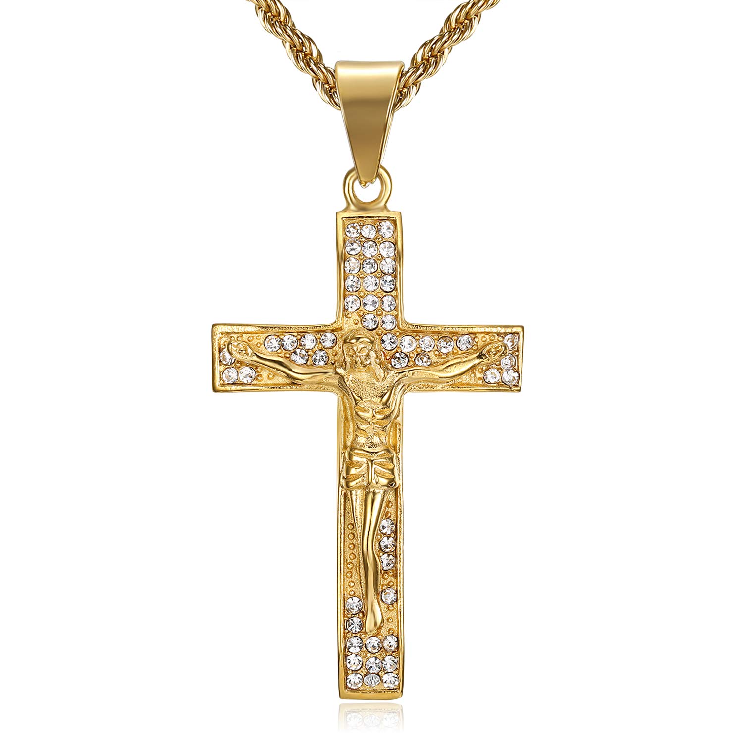 Lee Island Fashion18K Gold Plated Cross Necklace For Men Women-Crucifix Cross Catholic Jesus Christ Pendant Stainless Steel Necklace, 24 Inch Chain Jewelry Gift