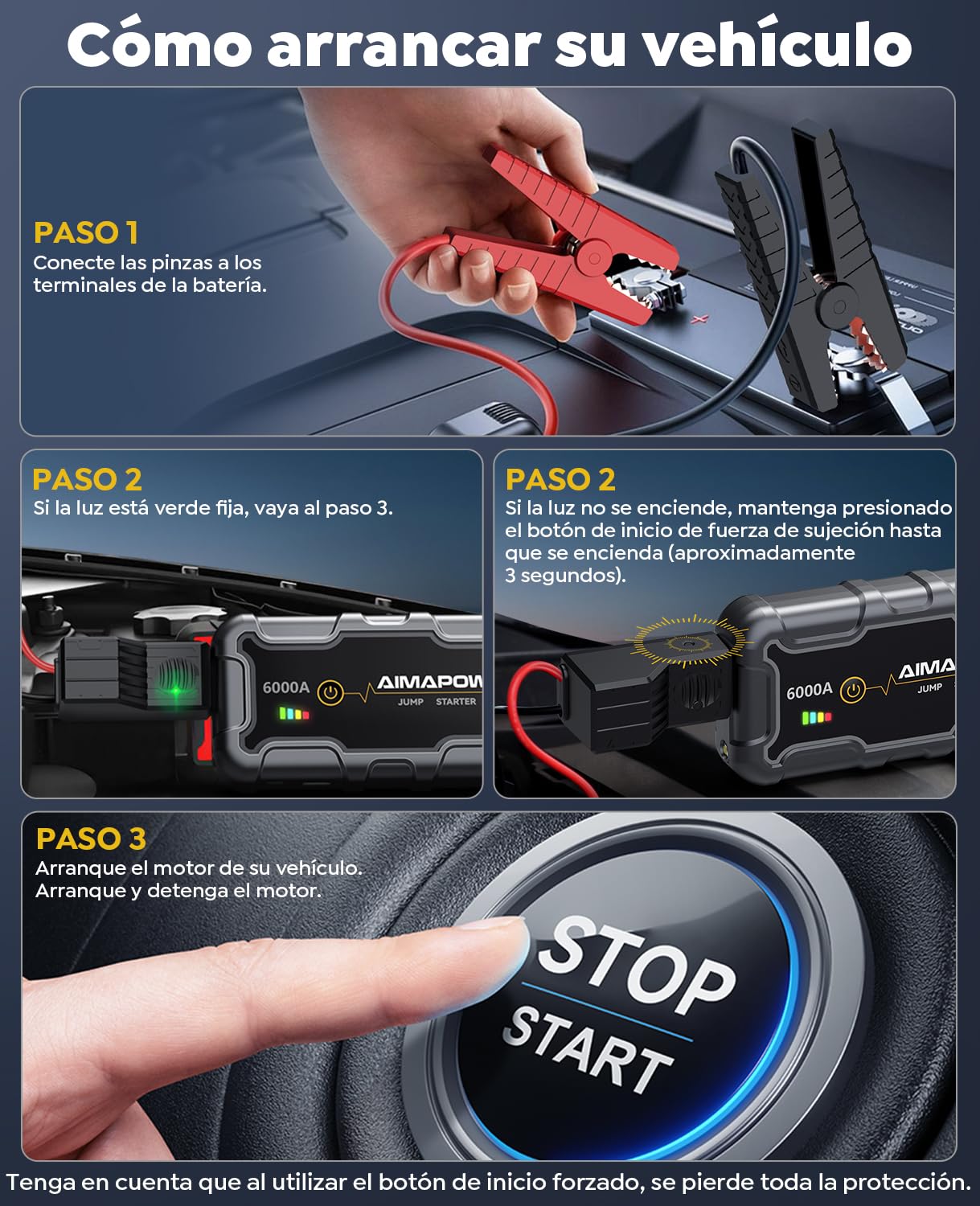 Arrancador de Baterias de Coche, Arrancador de Coches Portatil 6000A, 12V Jump Starter (hasta Todo Gas o Diésel de 10,0L), Clips de Seguridad Inteligentes, LED de 400 Lúmenes, Caja Portátil