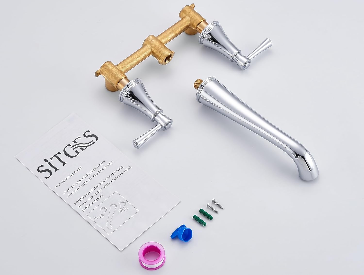 SITGES High Flow Chrome Wall Mount Bathtub Faucet with Two Level Handles,Extra-Long 10.5" Spout Reach Solid Brass Wall Tub Filler with Rough-in Valve Included