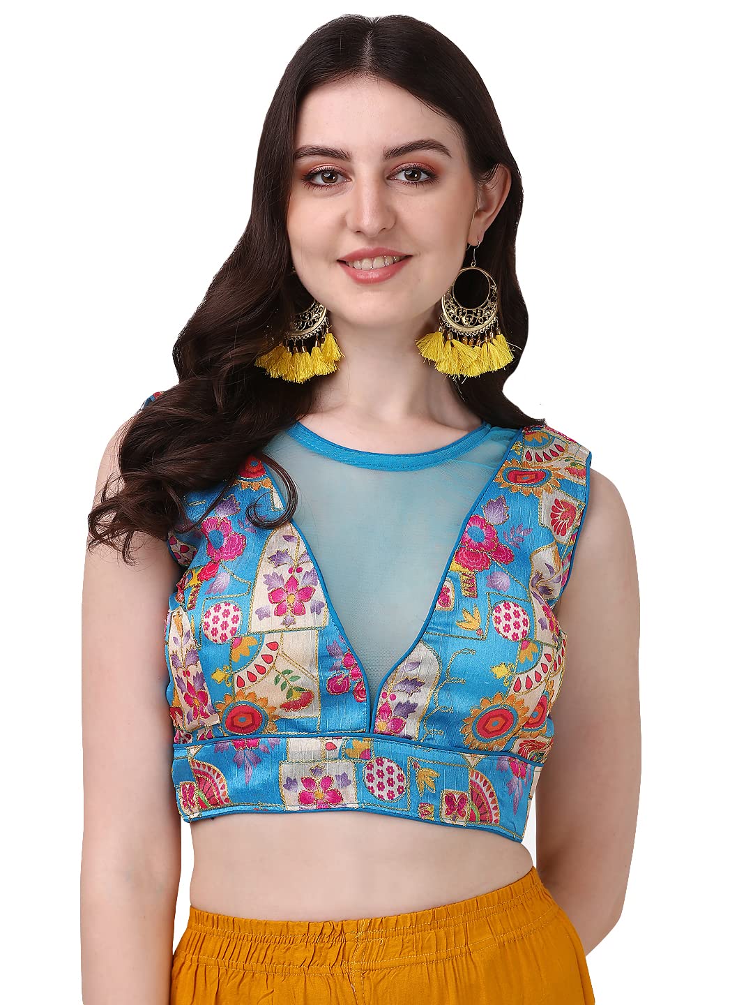 Pujia Mills Women's Phanotm Silk Floral Sleeveless Saree Blouse (Pp 4_Sky Blue_38)